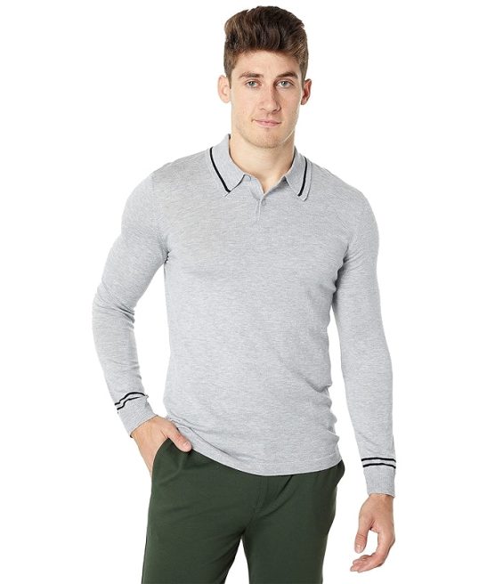 Striped Trim Long Sleeve Polo Sweater
