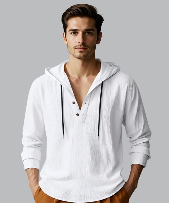 Men's Cotton Linen Hooded Button Down Shirt